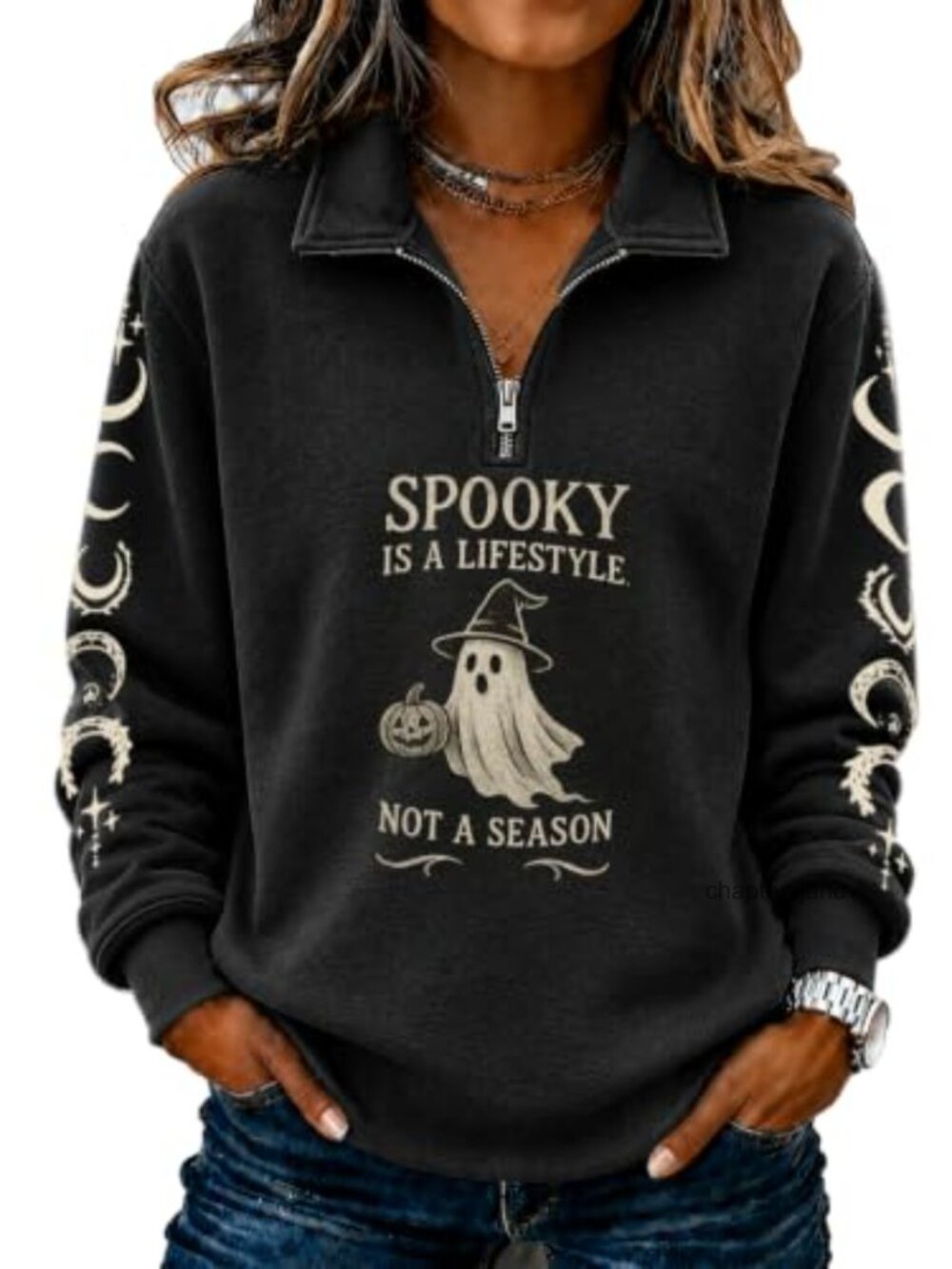 Halloween Ghost Quarter Zip Sweatshirt Fleece Lined Collared Pullover